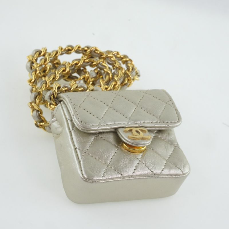 Chanel Chain Pochette Micro Quilted Calf Silver Shoulder Bag — view 4