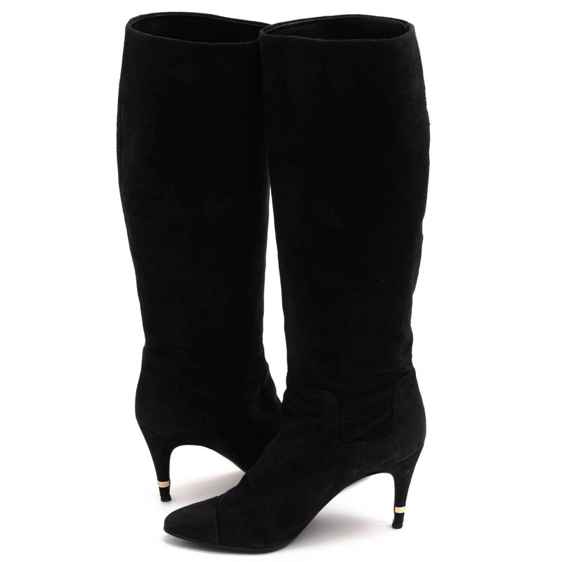Chanel Long Boots Shoes Women Suede Leather Black High Heel Sole — view 3