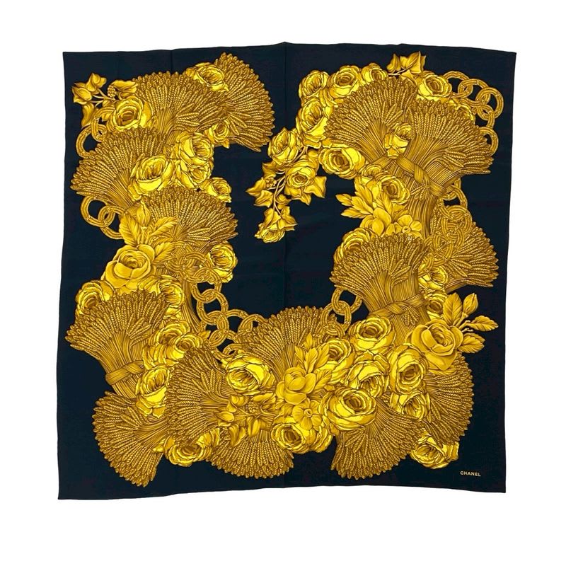 Chanel Tassel Floral Coco Mark Silk Scarf Apparel Accessories Black — view 3