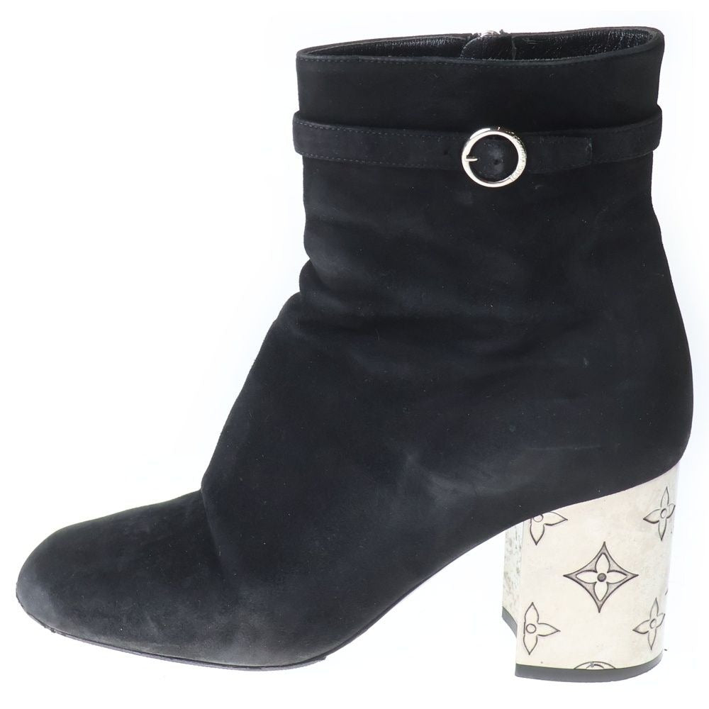 Louis Vuitton Monogram Metal Heel Side Zip Suede Leather Ankle Boots Black