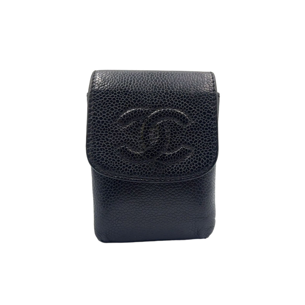 Chanel CC Logo Caviar Leather Black Cigarette Case Gold
