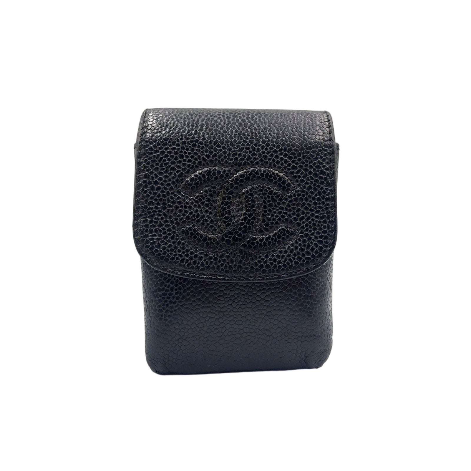 Chanel CC Logo Caviar Leather Black Cigarette Case Gold