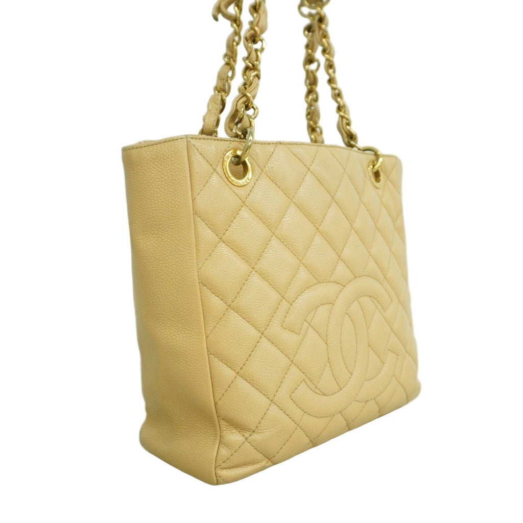 Chanel Chain Tote Quilted Caviar Leather Beige Gold — view 2