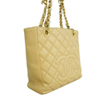 Chanel Chain Tote Quilted Caviar Leather Beige Gold — view 2