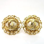 Chanel Earrings 29 Engraved Vintage Coco Mark GP Faux Pearl Round