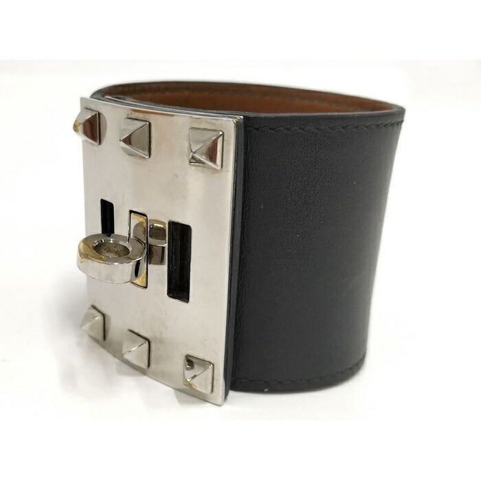 Hermes Bangle Kerry Dog Extreme Leather Plated Black Silver — view 5
