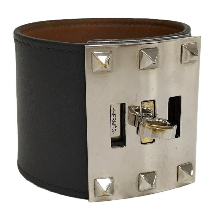 Hermes Bangle Kerry Dog Extreme Leather Plated Black Silver