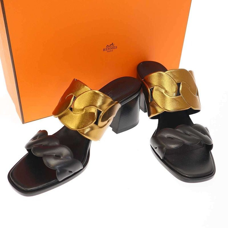 Hermes Gaby Sandals 60 Heel Black Gold 37 1 2