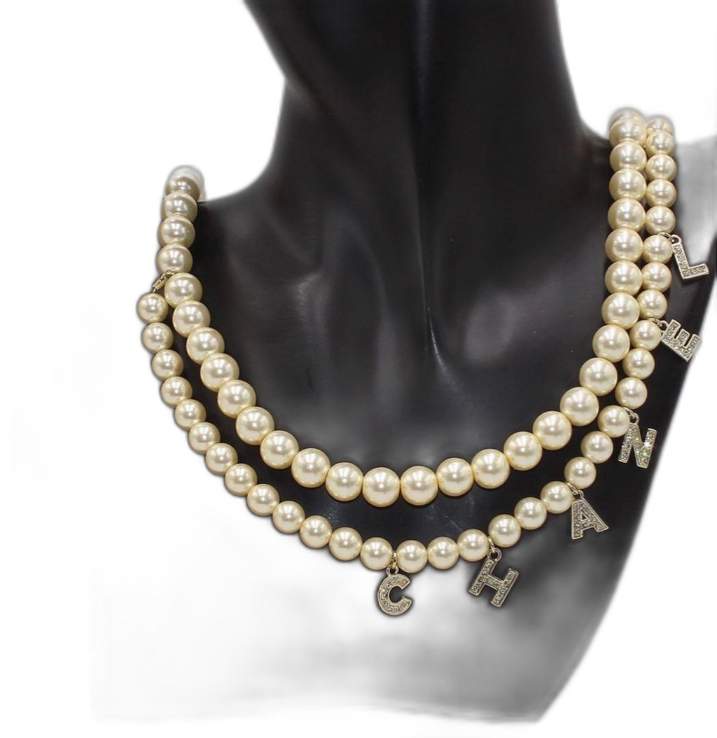 Chanel Faux Pearl Logo Double Chain : White Champagne