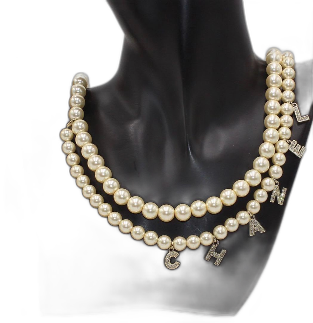 Chanel Faux Pearl Logo Double Chain : White Champagne