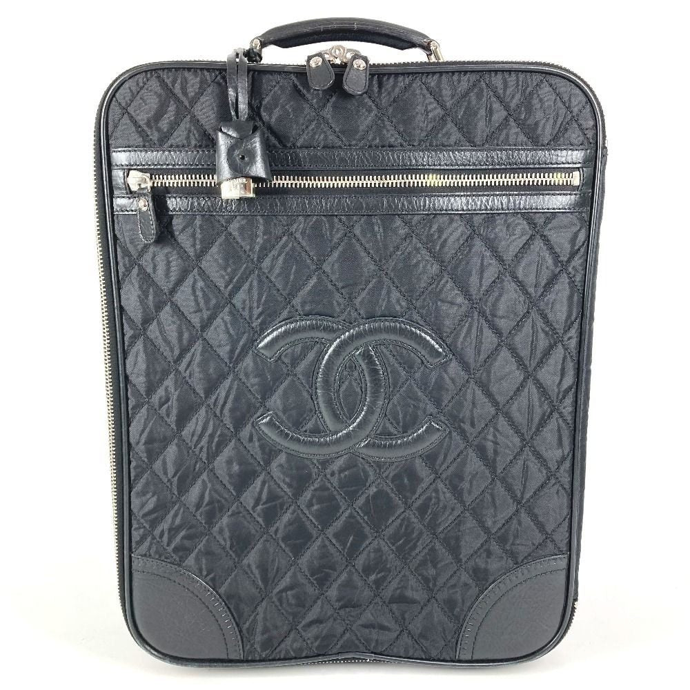 Chanel Travel Bag CC Logo Leather Nylon Black Carryon Luggage