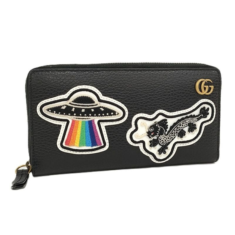 Gucci Round Zipper Long Wallet GG Marmont Ufo Leather Black