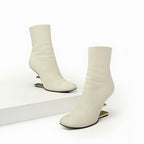 Fendi First Boots Short Shoes Leather Ivory Gold Metal Heel FF Logo