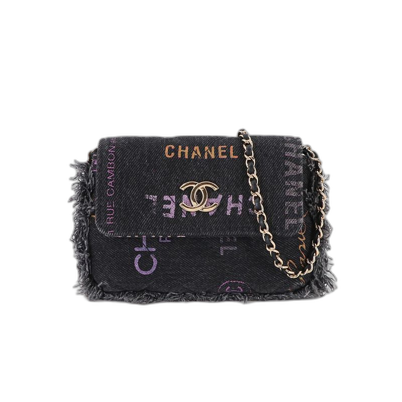 Chanel Quilted Mini Chain Shoulder Bag Denim Black Gold