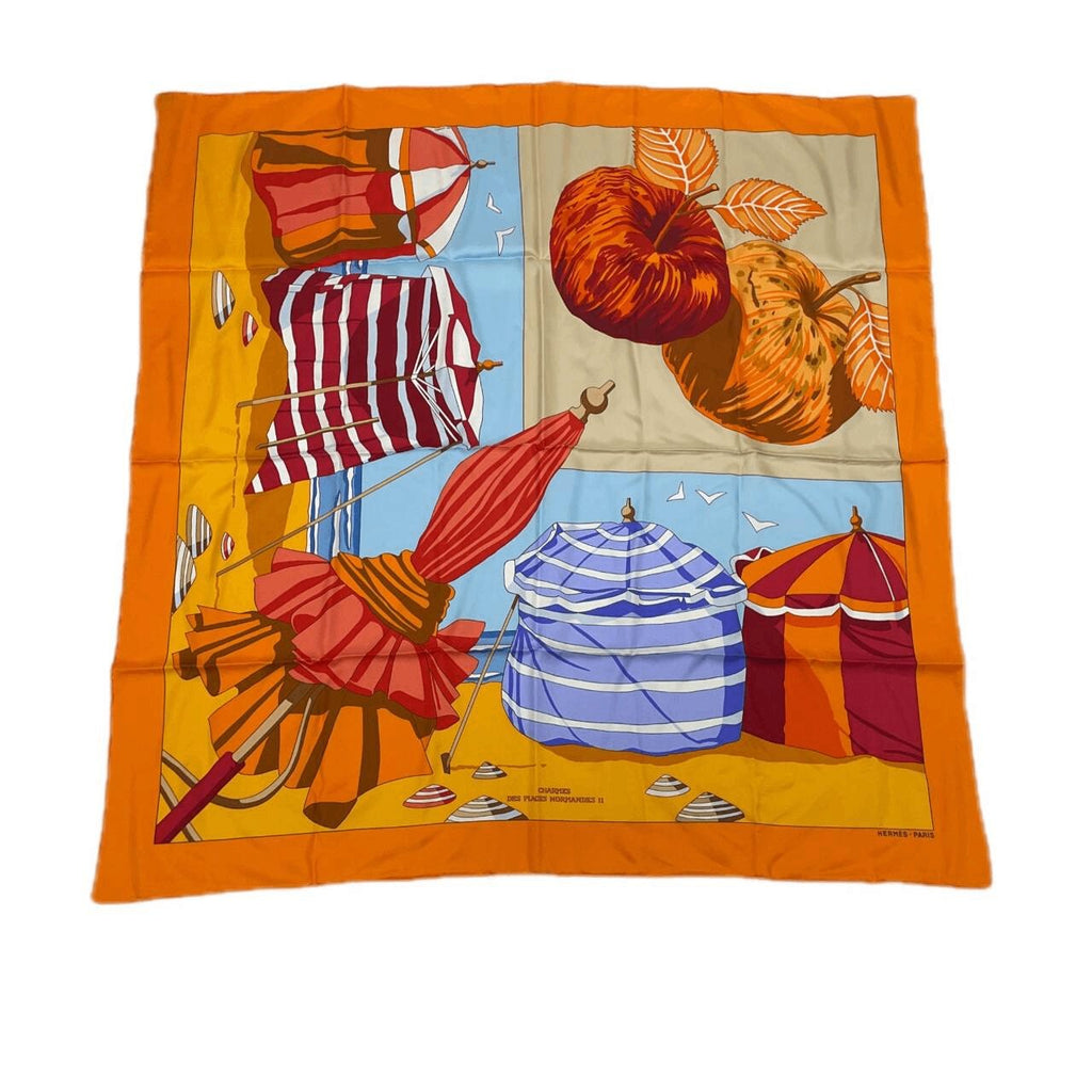 Hermes Carre 90 Des Plages The Charm Of The Normandy Coast Orange Silk 100%