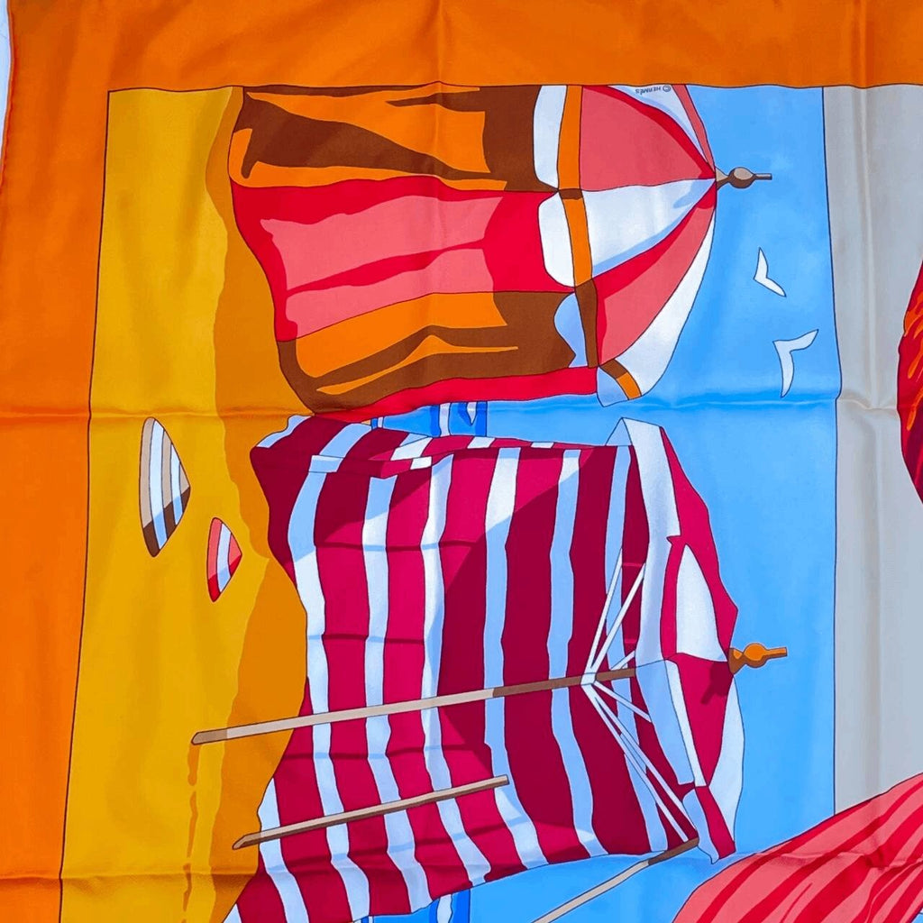Hermes Carre 90 Des Plages The Charm Of The Normandy Coast Orange Silk 100%
