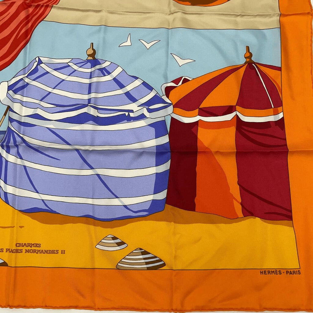 Hermes Carre 90 Des Plages The Charm Of The Normandy Coast Orange Silk 100%