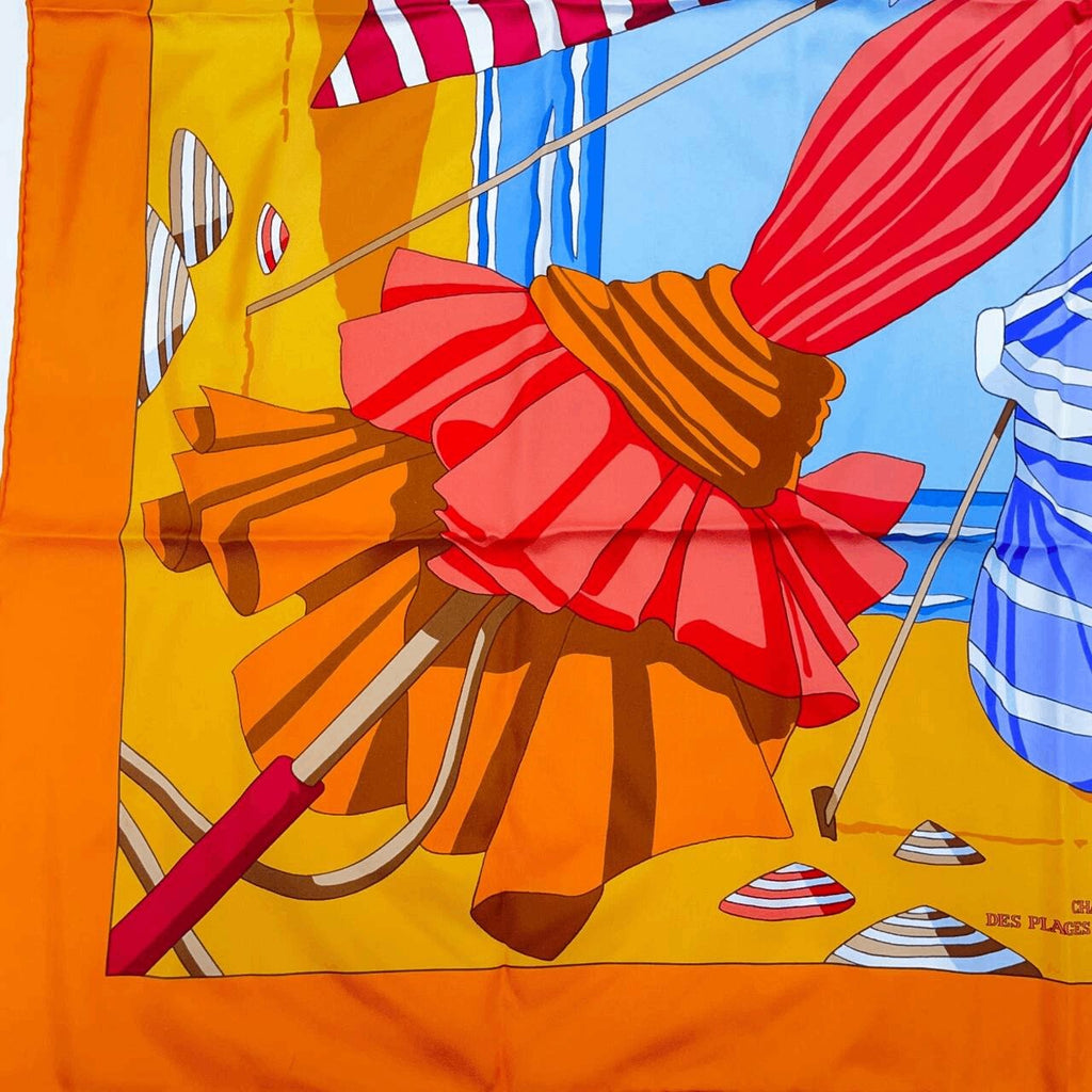 Hermes Carre 90 Des Plages The Charm Of The Normandy Coast Orange Silk 100%