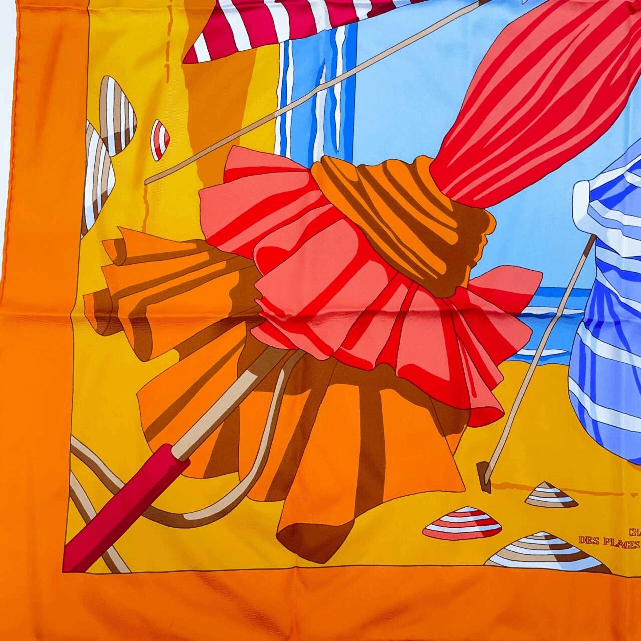 Hermes Carre 90 Des Plages The Charm Of The Normandy Coast Orange Silk 100%