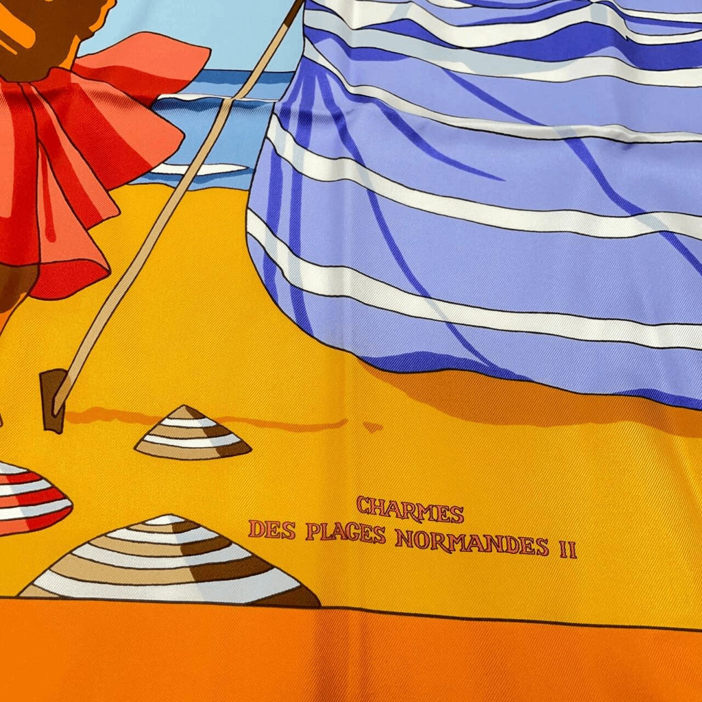 Hermes Carre 90 Des Plages The Charm Of The Normandy Coast Orange Silk 100%