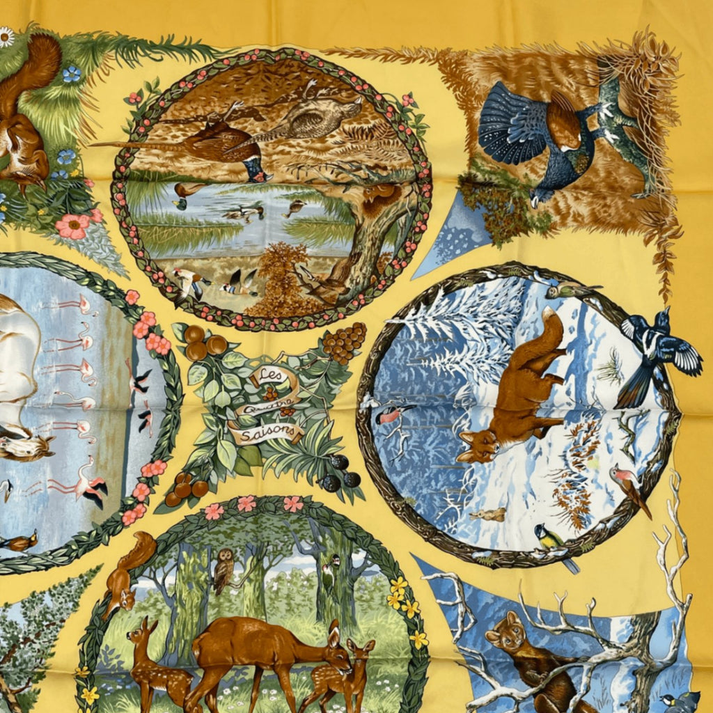 Hermes Carre 90 Les Quatre Saisons Four Seasons Silk Scarf Yellow