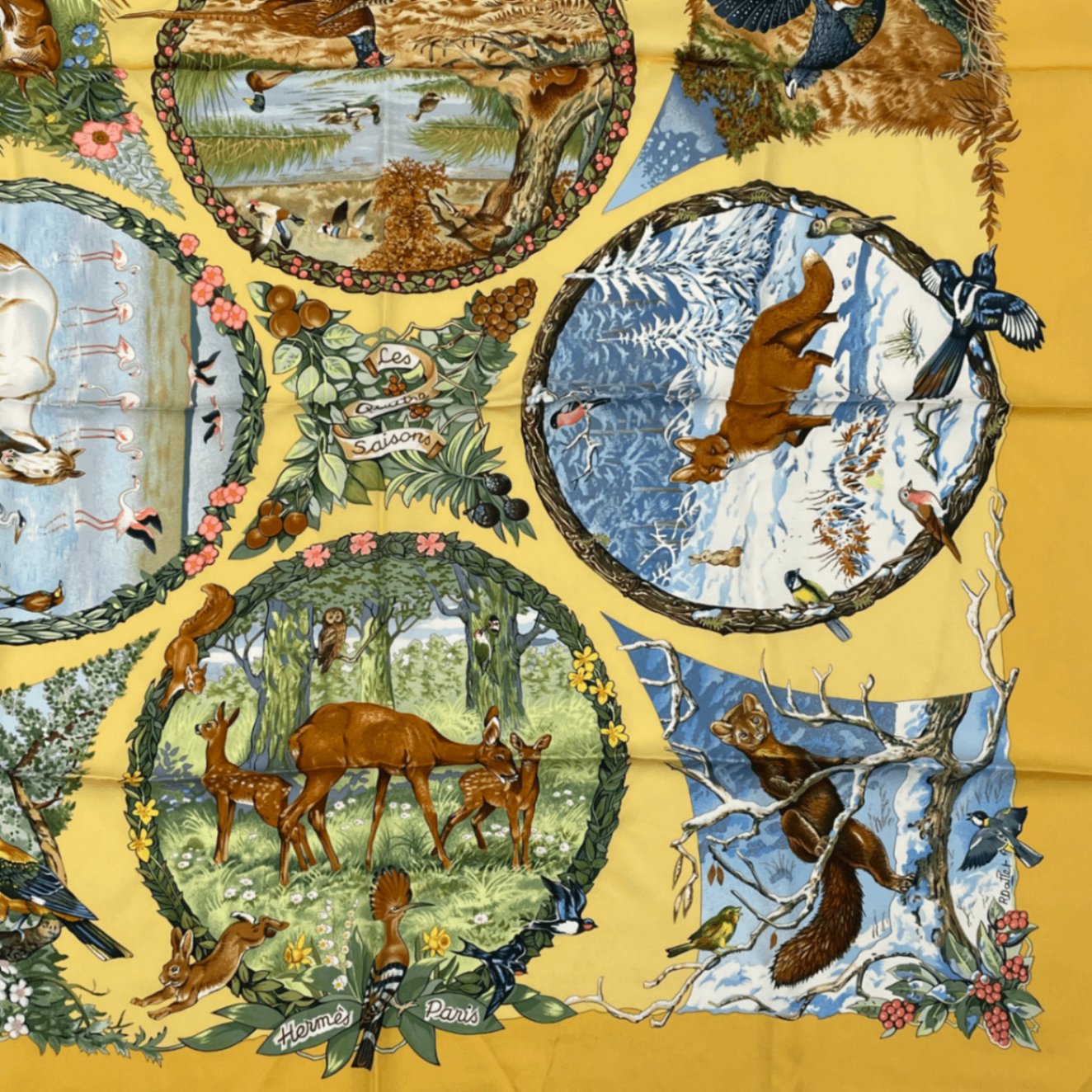 Hermes Carre 90 Les Quatre Saisons Four Seasons Silk Scarf Yellow
