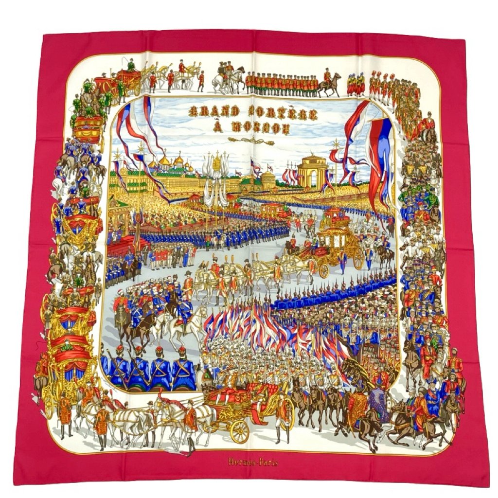 Hermes Carre 90 Grand Cortege A Moscou Moscow March Red Scarf Silk