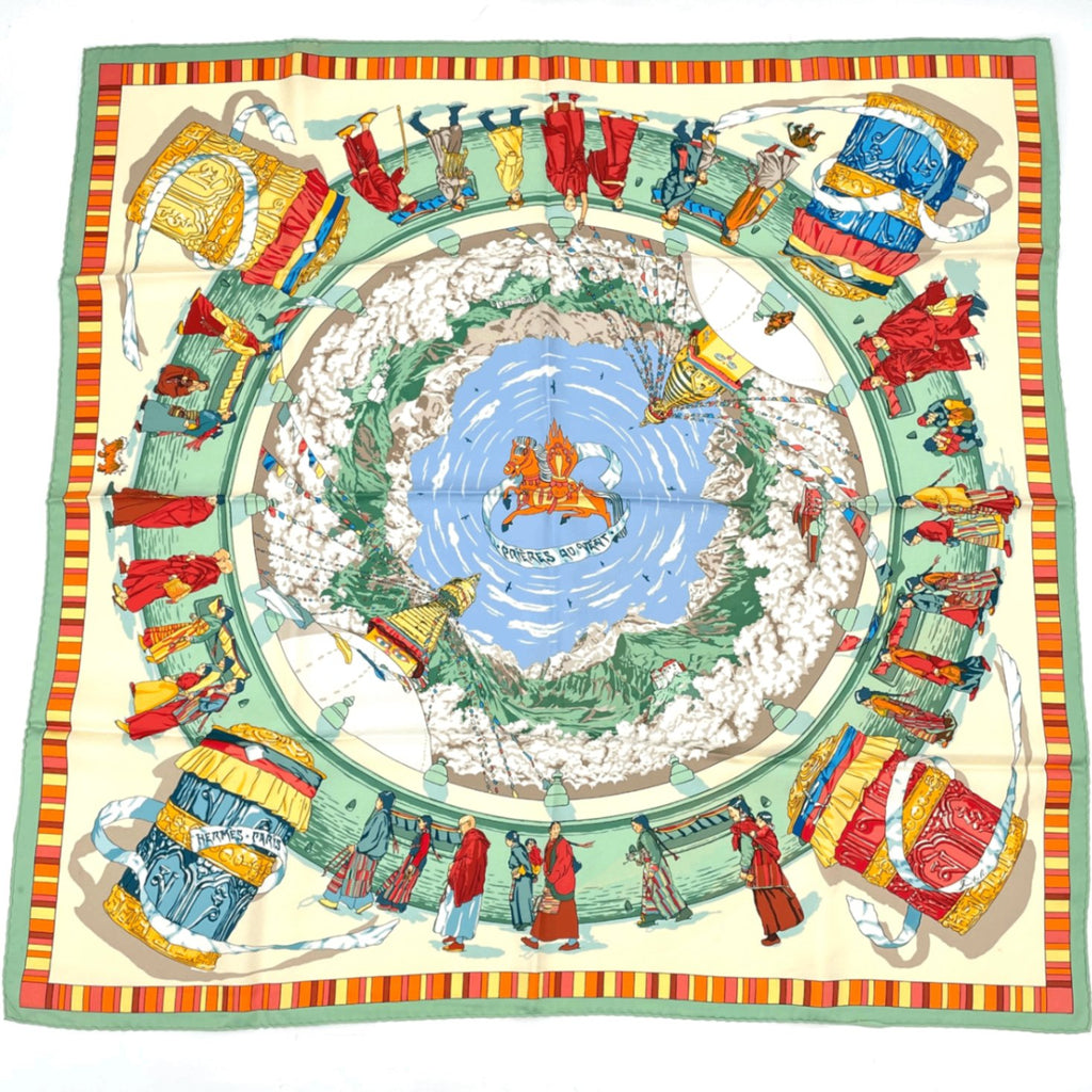 Hermes Carre 90 Prieres AU Vent Prayer In The Wind Green Multicolor Scarf Silk