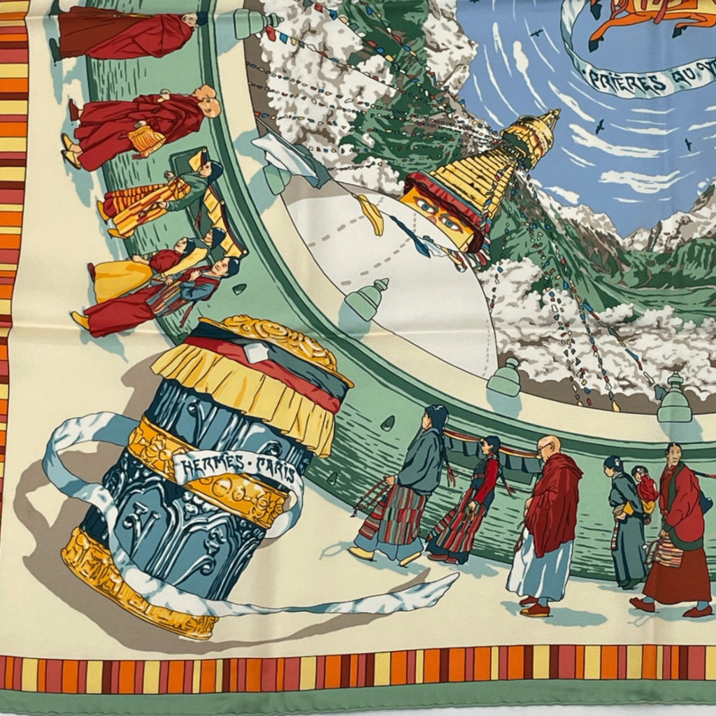 Hermes Carre 90 Prieres AU Vent Prayer In The Wind Green Multicolor Scarf Silk