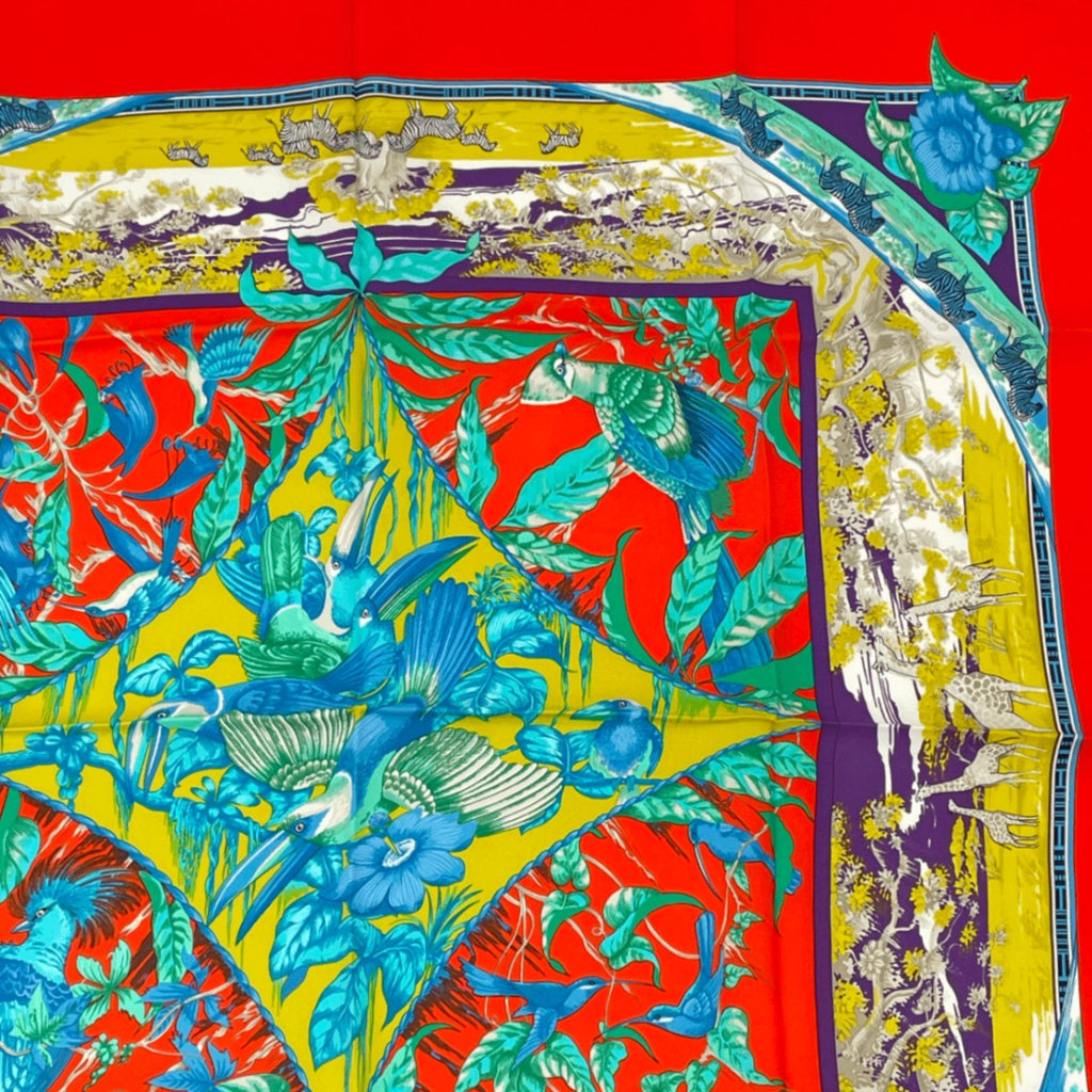 Hermes Tropioues Tropic Red Multicolor Silk Scarf