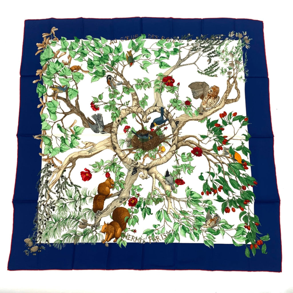 Hermes Carre 90 Silk Coeur Des Bois In The Forest Scarf Navy