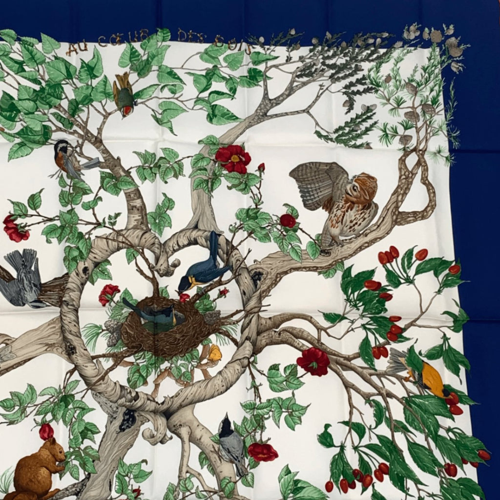 Hermes Carre 90 Silk Coeur Des Bois In The Forest Scarf Navy
