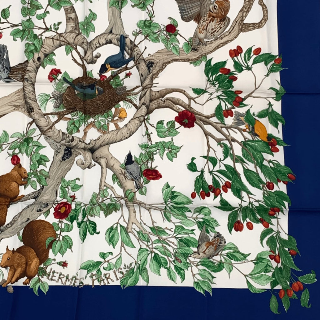 Hermes Carre 90 Silk Coeur Des Bois In The Forest Scarf Navy