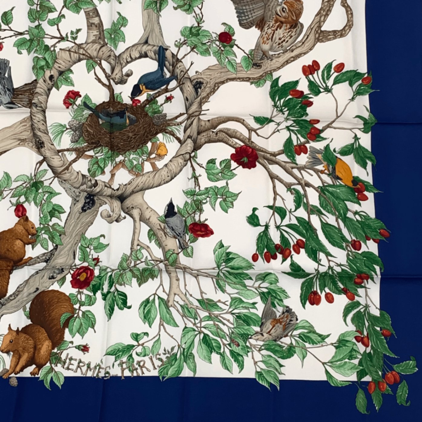Hermes Carre 90 Silk Coeur Des Bois In The Forest Scarf Navy