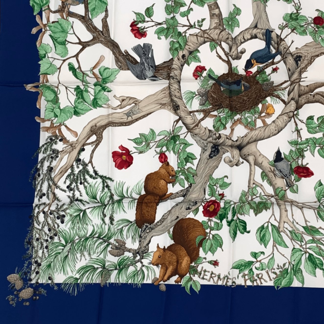 Hermes Carre 90 Silk Coeur Des Bois In The Forest Scarf Navy