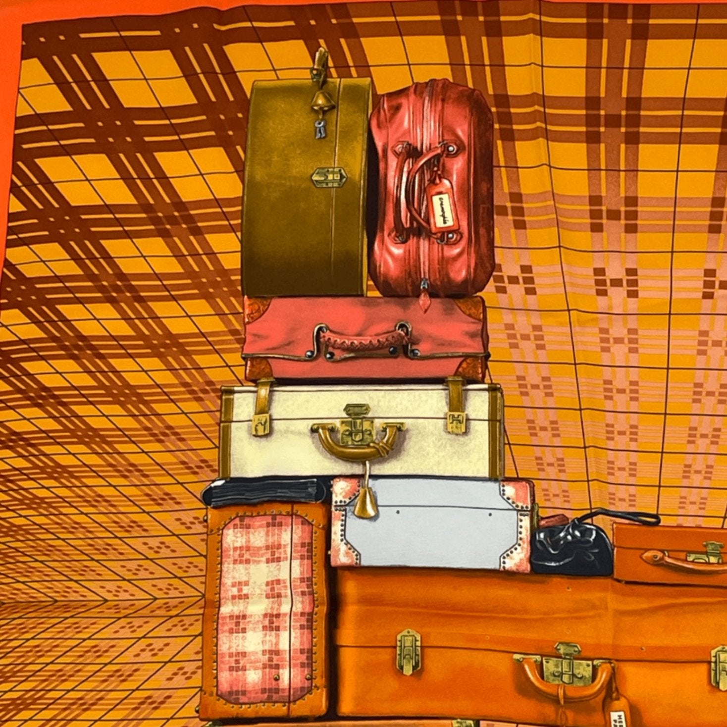 Hermes Silk Scarf En Voyage Traveling Bag Pattern Orange