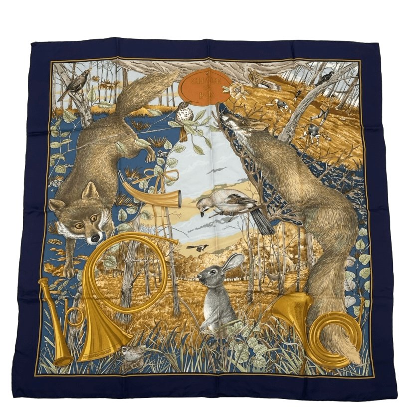 Hermes Carre 90 Chasse Au Bois Forest Hunting Blue Scarf Silk