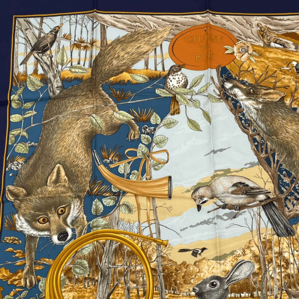 Hermes Carre 90 Chasse Au Bois Forest Hunting Blue Scarf Silk