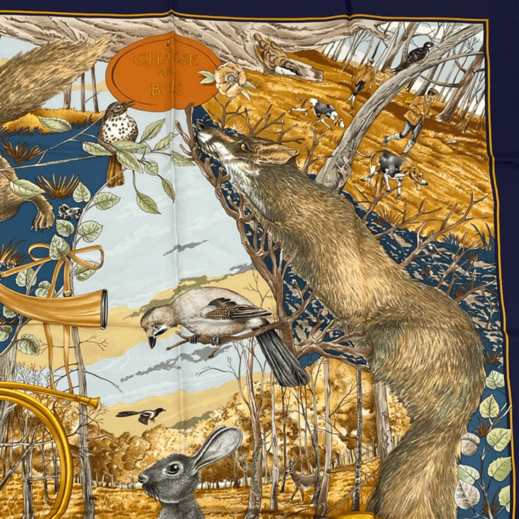 Hermes Carre 90 Chasse Au Bois Forest Hunting Blue Scarf Silk