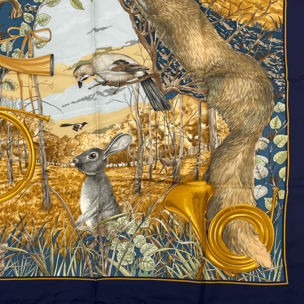 Hermes Carre 90 Chasse Au Bois Forest Hunting Blue Scarf Silk