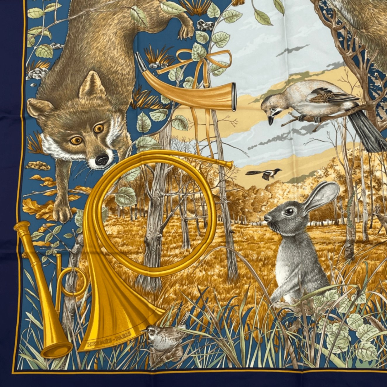Hermes Carre 90 Chasse Au Bois Forest Hunting Blue Scarf Silk
