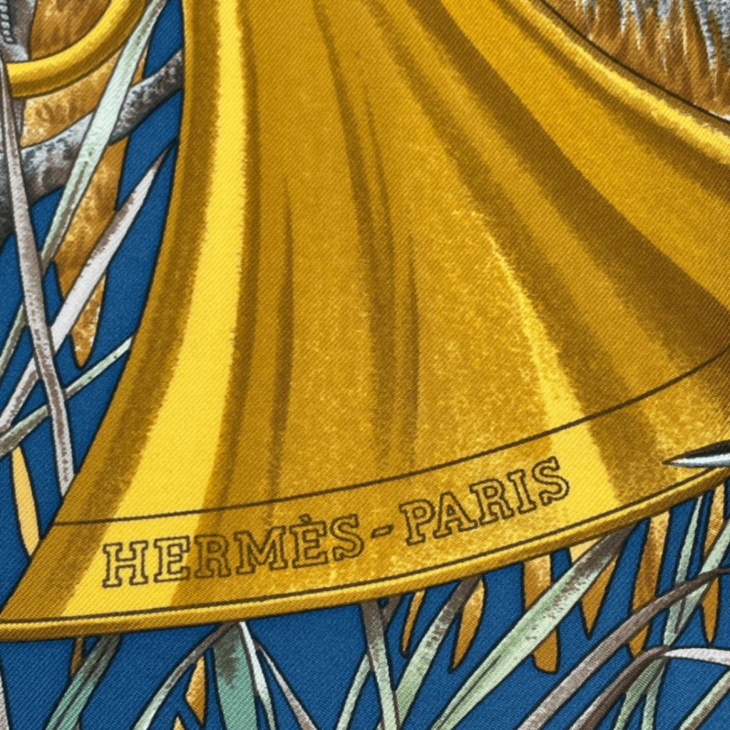 Hermes Carre 90 Chasse Au Bois Forest Hunting Blue Scarf Silk
