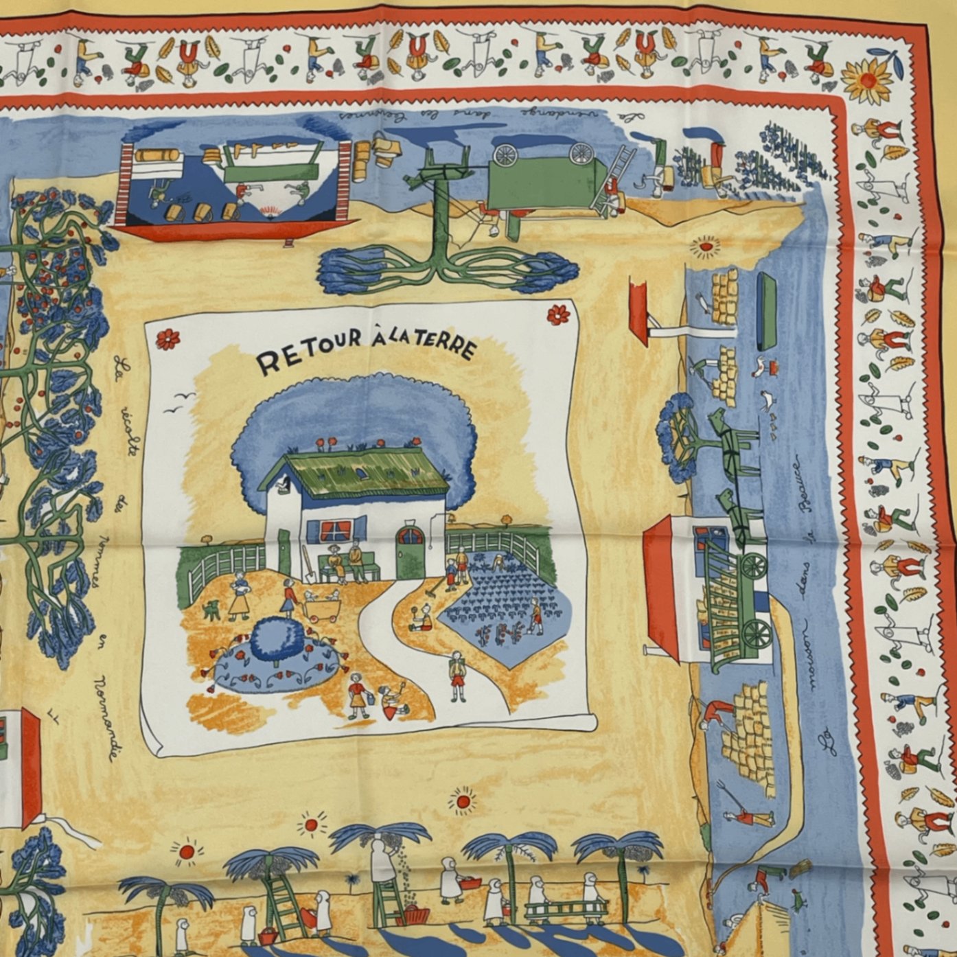 Hermes Carre 90 RE Tour A la Terre Return Yellow Silk 100% Scarf