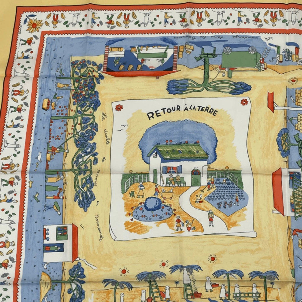 Hermes Carre 90 RE Tour A la Terre Return Yellow Silk 100% Scarf