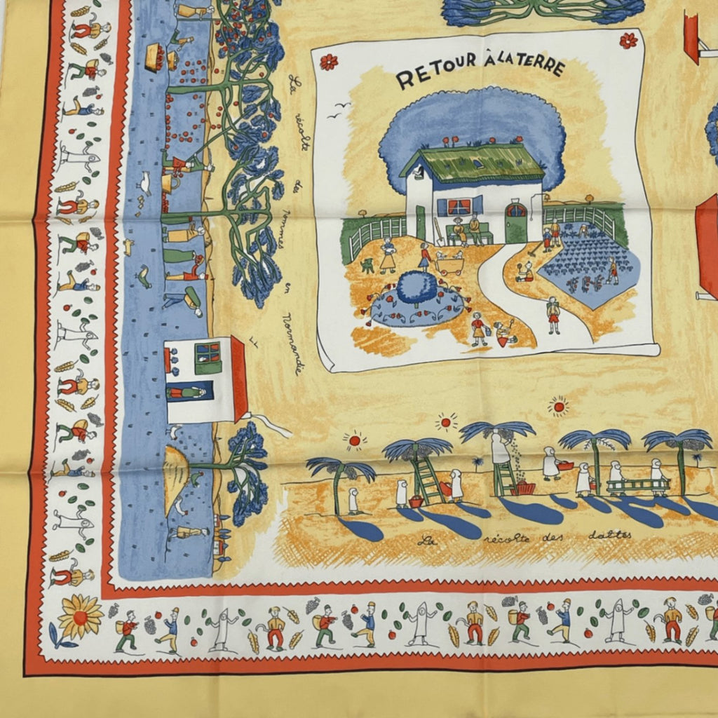 Hermes Carre 90 RE Tour A la Terre Return Yellow Silk 100% Scarf