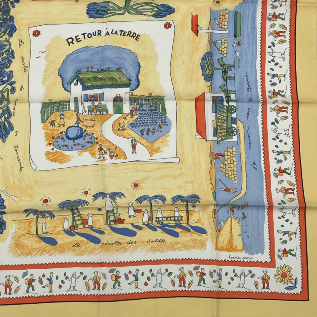 Hermes Carre 90 RE Tour A la Terre Return Yellow Silk 100% Scarf