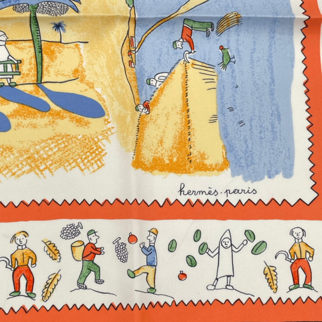 Hermes Carre 90 RE Tour A la Terre Return Yellow Silk 100% Scarf