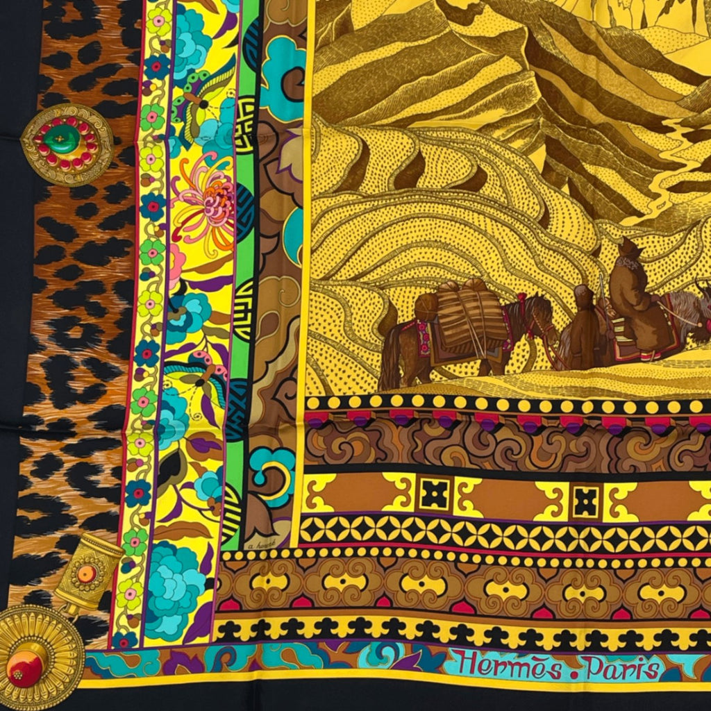 Hermes Carre 90 la Femme Aux Woman With Wind Footpads Scarf Black Multicolor