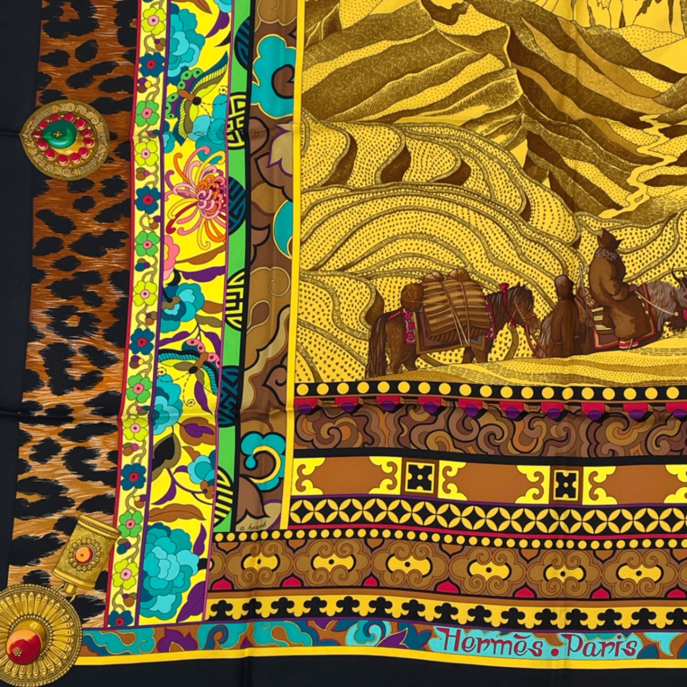 Hermes Carre 90 la Femme Aux Woman With Wind Footpads Scarf Black Multicolor