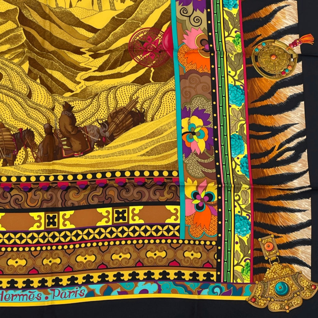 Hermes Carre 90 la Femme Aux Woman With Wind Footpads Scarf Black Multicolor